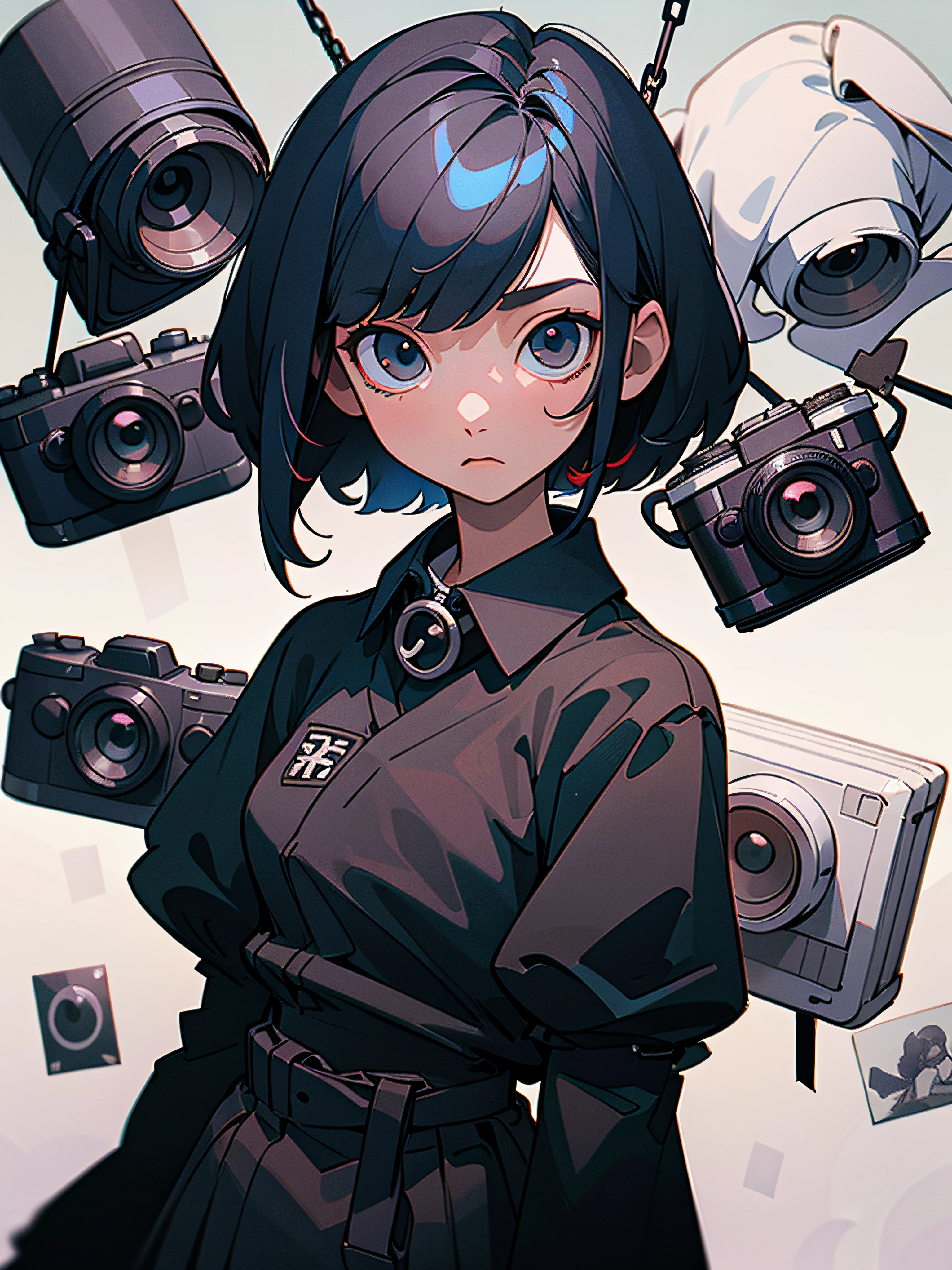 Short Bob's20Portrait of a woman in her s、Hair color is black、Baggy white shirt and skirt、Holding the camera、Hanging a camera around his neck、Lots of cameras scattered in the background、Buried in the camera