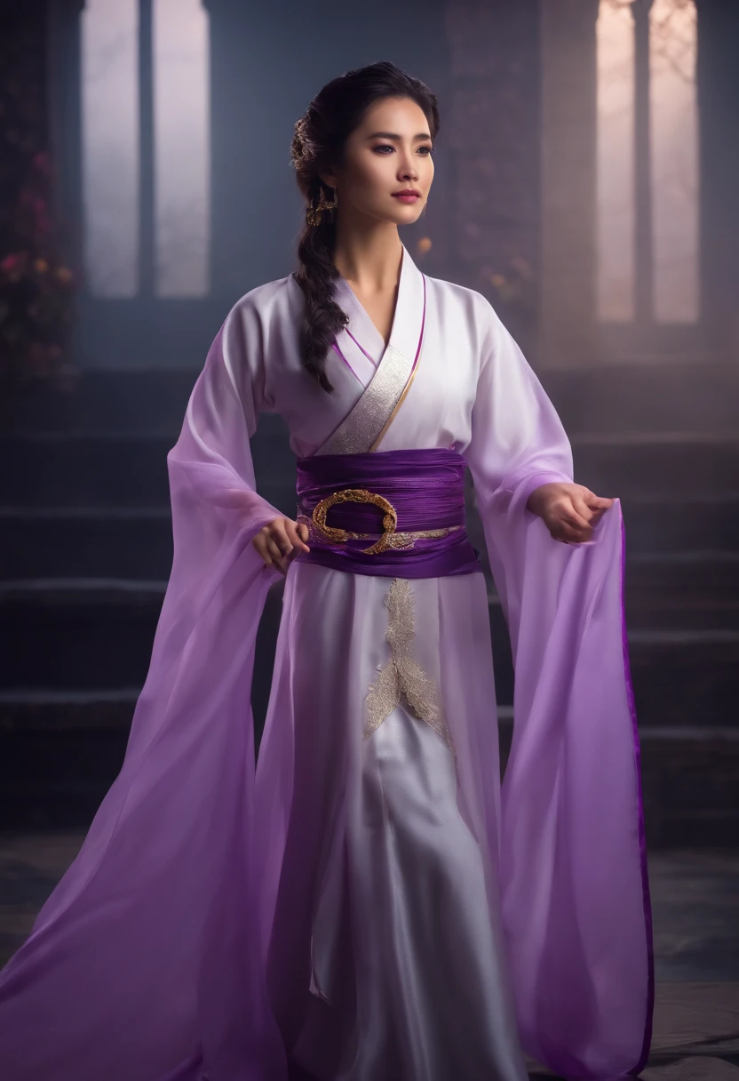 Uma bela chinesa, sharp eyes, clear facial features, Usando Hanfu, Postura de combate, movimentos de artes marciais, Body surrounded by purple mist, Runas ao redor, holographic reality, Holographic halo, motion blur, efeitos de luz do jogo, luz de borda, luz suave, luz de borda do filme, luz delicada, master part, super detalhado, Epic composition, super HD, alta qualidade, extremely high quality, 32k