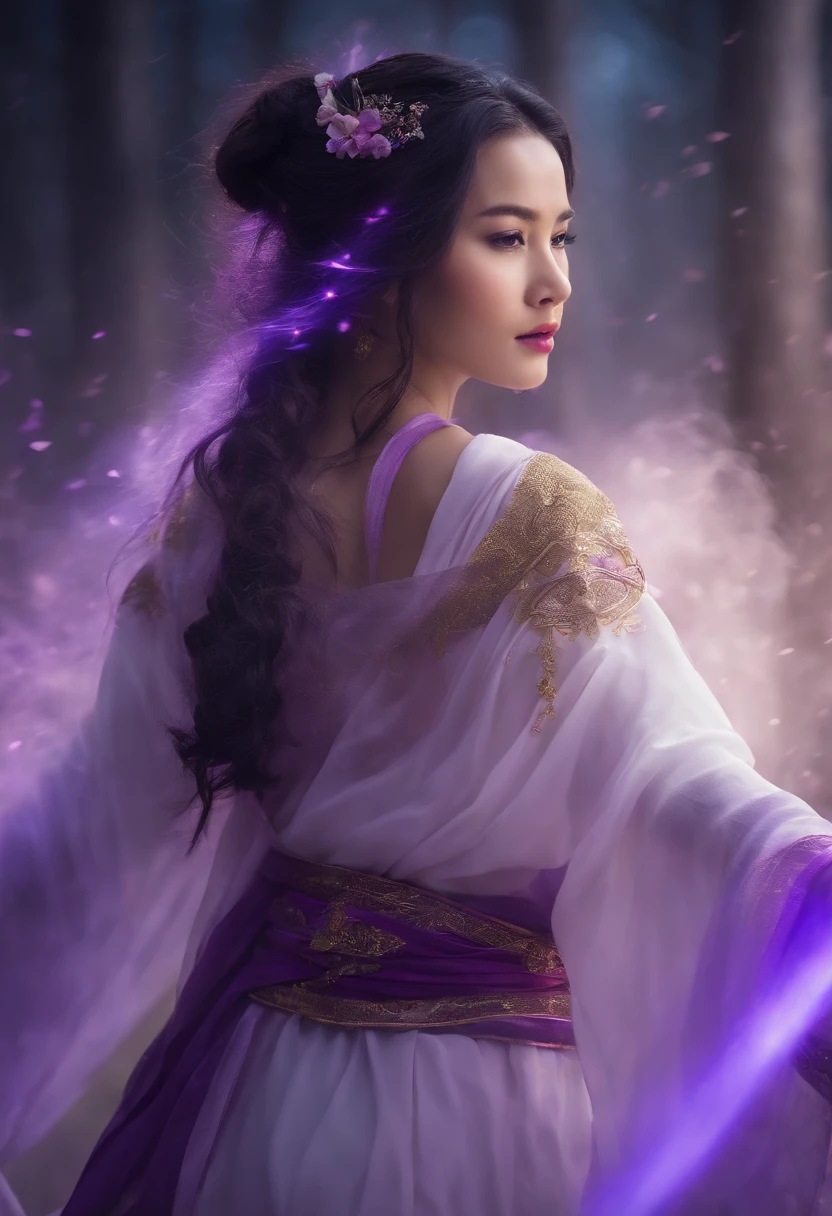 Uma bela chinesa, sharp eyes, clear facial features, Usando Hanfu, Postura de combate, movimentos de artes marciais, Body surrounded by purple mist, Runas ao redor, holographic reality, Holographic halo, motion blur, efeitos de luz do jogo, luz de borda, luz suave, luz de borda do filme, luz delicada, master part, super detalhado, Epic composition, super HD, alta qualidade, extremely high quality, 32k