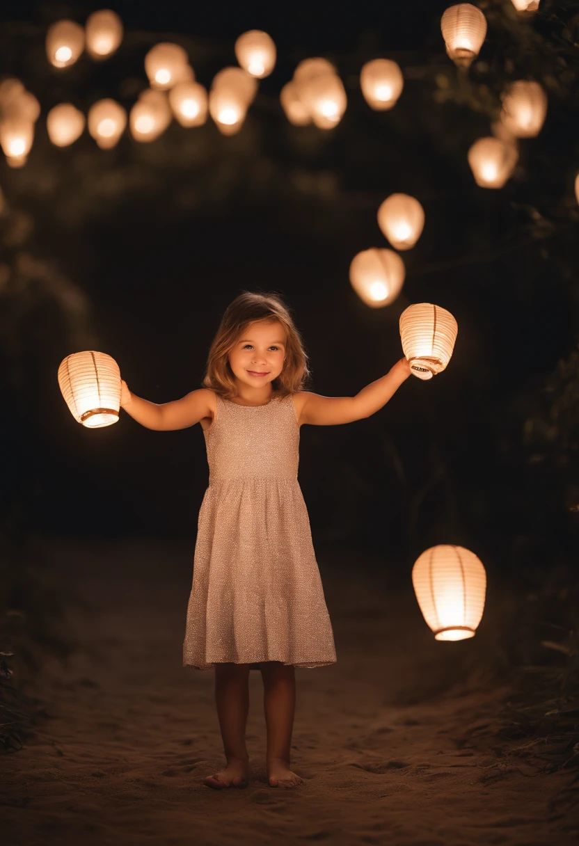 (Masterpiece) Create an ultrarealistic photography of a extremely cute and cheerful Australian littl holding glowing flying paper lanterns, unreal engine, 85 mm, intimate, flying lanterns festival, flying colorful lanterns, crowded, families, wonder, amazing, funny, cinematic, 8k, evening, back view, stock photo, success on Instagram.