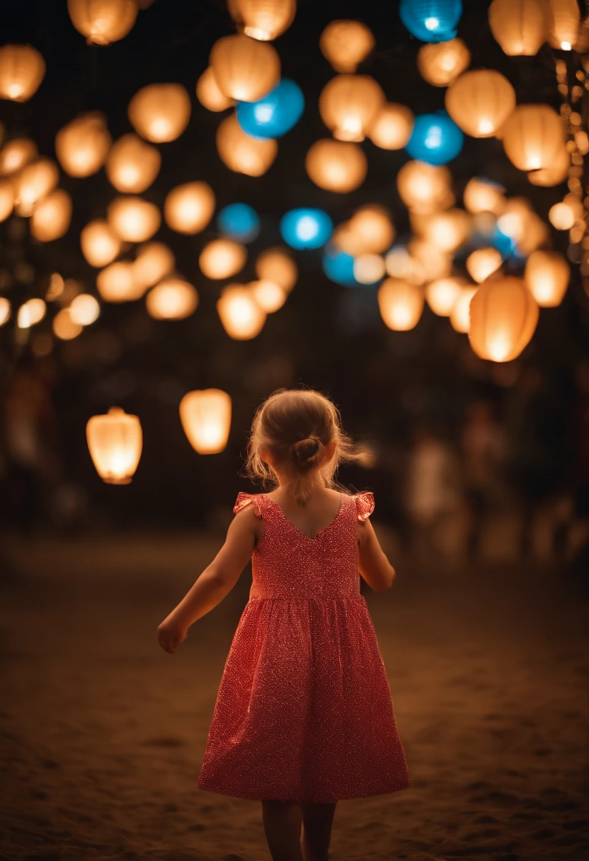 (Masterpiece) Create an ultrarealistic photography of a extremely cute and cheerful Australian littl holding glowing flying paper lanterns, unreal engine, 85 mm, intimate, flying lanterns festival, flying colorful lanterns, crowded, families, wonder, amazing, funny, cinematic, 8k, evening, back view, stock photo, success on Instagram.