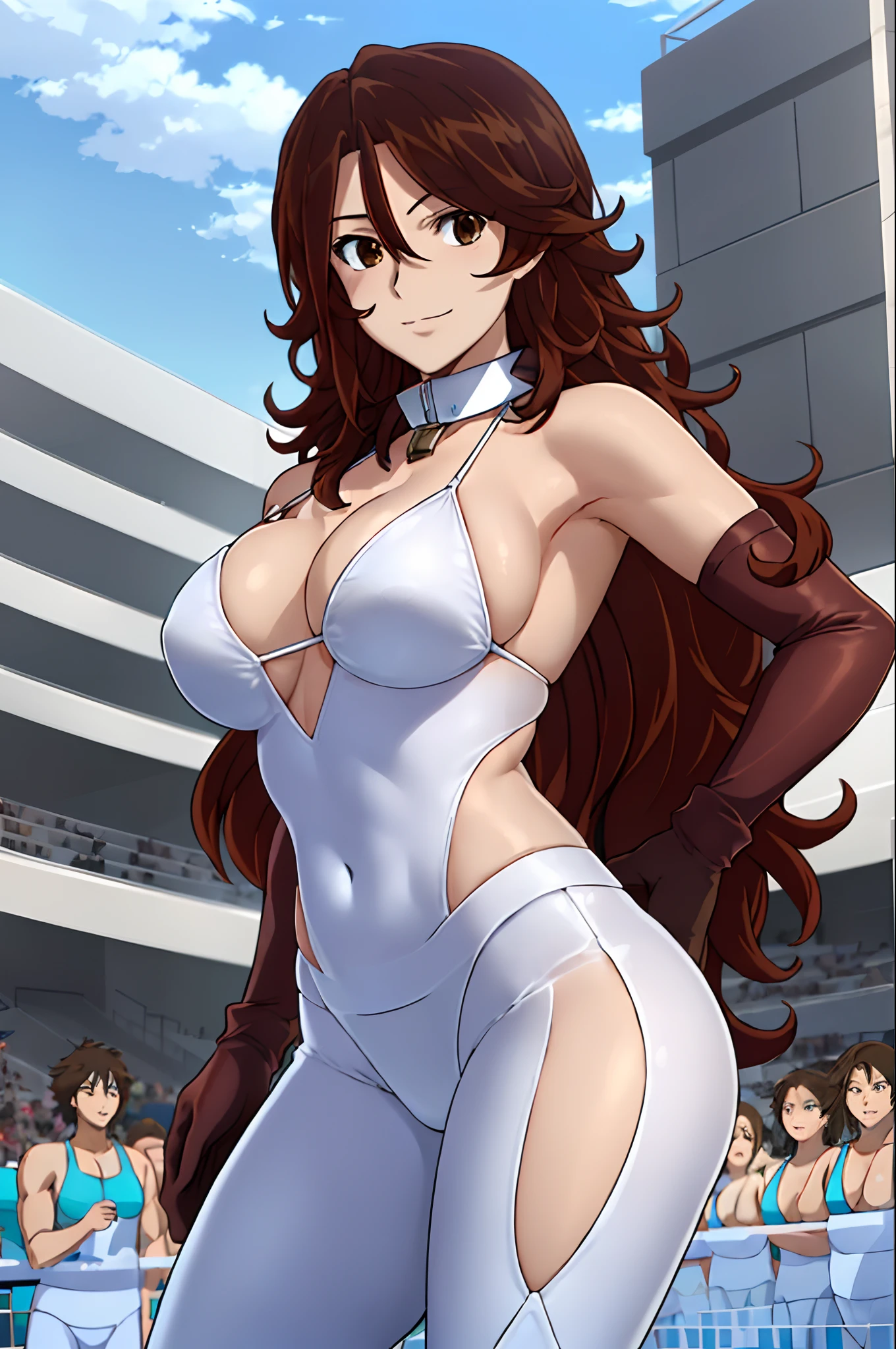 cowboy shot, upper body view, anime style: 1.8, anime drawing, ultra detailed face, ultra detailed body, 4k, Sumergai Lee Noriega, (standing), best quality, anime style, hires, highest definition, digital blending, bold drawing lines, ((slender body, female wrestler), (location: wrestling arena, crowds watching), (weak body, slender body, broad shoulders), ((white micro bikini top, long pants, white boots, white gloves, collar)), victorious, winner, smile, , (big breasts), (big eyes, brown eyes), (warming up), (brown hair, loose hair, curly hair, wavy hair, long hair, missy hair), 27 years old,