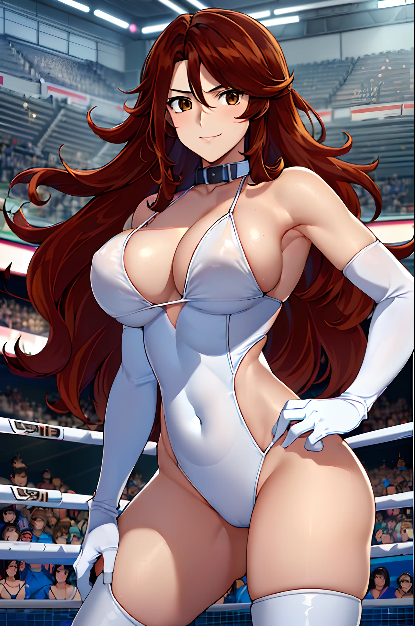 cowboy shot, upper body view, anime style: 1.8, anime drawing, ultra detailed face, ultra detailed body, 4k, Sumergai Lee Noriega, (standing), best quality, anime style, hires, highest definition, digital blending, bold drawing lines, ((slender body, female wrestler), (location: wrestling arena, crowds watching), (weak body, slender body, broad shoulders), ((white micro bikini, white boots, white gloves, collar)), victorious, winner, smile, , (big breasts), (big eyes, brown eyes), (warming up), (brown hair, loose hair, curly hair, wavy hair, long hair, missy hair), 27 years old,