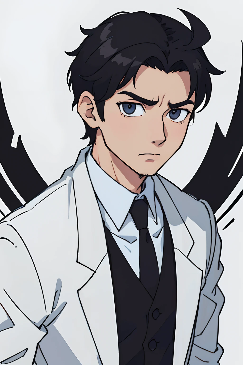 (best quality: 0.8), (best quality: 0.8), perfect anime illustration, extreme close-up portrait of a man, black eye, black hair, white overcoat, short hair, quiff, neutral background, full body , standing, full body