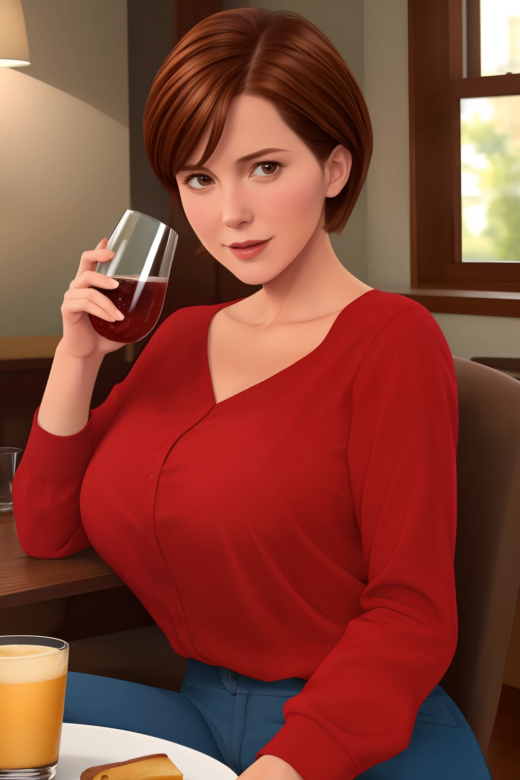 helen parr, masterpiece, best quality, 1girl, brown hair, solo, food, breasts, sitting, blush, brown eyes, cup, pants, looking at viewer, large breasts, window, indoors, shirt, drinking glass, bangs, holding, long sleeves, table, chair, curtains, fruit, short hair, cheese, artist name, dated, night, mature female, collarbone, red shirt, drunk, alcohol, holding cup, bottle