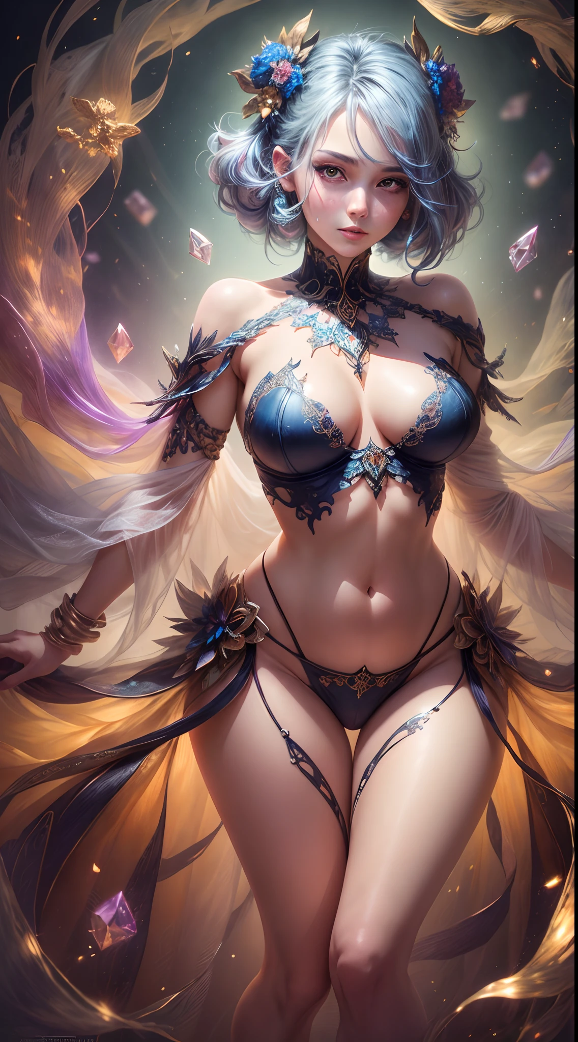 A captivating anime girl gracefully emerges from the pages of a watercolor painting, her vibrant and intricate colors breathing life into the artwork. She wears extraordinary fantasy costumes,Decorated with exquisite details, reflecting the enchanting world she inhabits. Luminescent elements, like glowing crystals and ethereal wisps, surround her, casting a soft, otherworldly glow. The watercolor style imbues the image with a sense of fluidity and delicacy, as if the colors are effortlessly blending and bleeding into one another. Camera shot: Medium Shot, Camera lens: softfocus, Lighting: luminescent glow, watercolor brushstrokes, Long legs, Stunning composition, Foot braids, Beautiful and detailed legs, belly button expose, exposed cleavage, shining thighs, shining legs, showing a delicate slim figure and graceful curves, (ultra Realistic), ( illustration), (High res), (8K), (highly detailed), (the best illustration), (Beautiful Detailed Eyes), (best Quality), (Super Detailed), (Master peace), (Wallpapers), (Detailed Face),