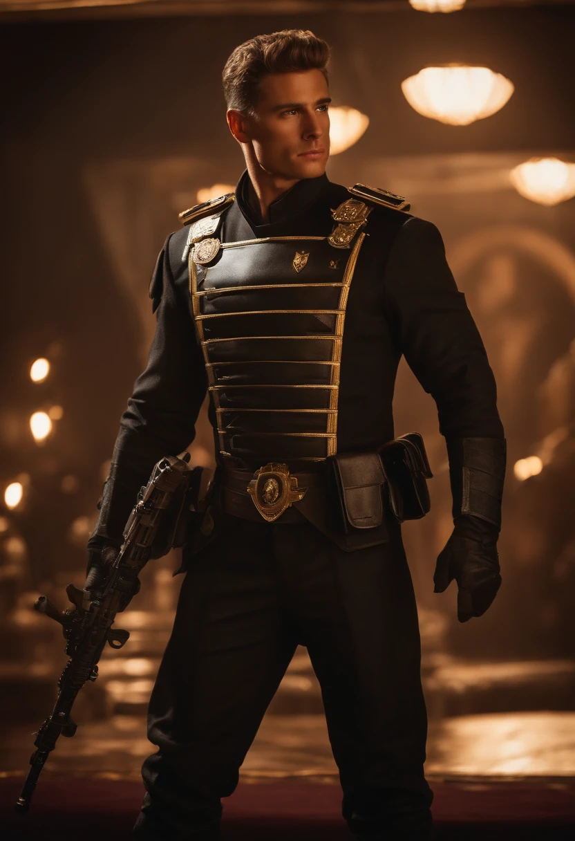 1man, a 25-year-old muscular man, the captain's authority is emphasized by golden embellishments that catch the light.In the background, the opulent battle ship elegantly navigates the waters, its sleek white design complemented by vibrant deck lights. The scene portrays a midjourney atmosphere, where the captain takes charge of the mighty vessel, embodying a sense of adventure and power. The realistic Clad in a sleek black tactical uniform and donning combat gear. Wears a tactical vest adorned with ammunition and equipment pouches, carrying a heavy weaponry He embodies the qualities of a highly trained and skilled warrior, showcasing professionalism, super bodice, soft lighting, masterpiece, best quality, 8k ultra HD, DSLR camera, film grain, Midjourney