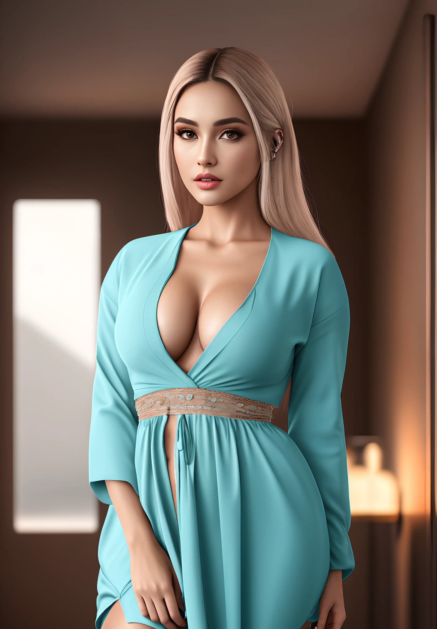 correct hand, Female secretary full body image, very long platinum blonde hair, middle parted hair, dark hair regrowth, looking like Sophie Miller and Eiza Gonzalez, detailed beautiful eyes and detailed face, decent hair stripes, light pink bra, cotton trowsers, ear studs, multiple ear piercings, masterpiece, detailed background, sharp background, light source contrast, super detailed, high detailed CG illustration, Best Quality, Realistic 8K Ultra HD, High Quality Textures, Intricate, Detailed Textures, Extremely Detailed CG, High Quality Shadows, Realistic Facial Expressions, Detailed Beautiful Delicate Faces, Detailed Beautiful Delicate Eyes, Brown Pupils, thick dark eyebrows, depth of field, film light, lens flare, ray tracing, perspective, big eyes, blush, perfect body, full lips, natural lips, light particles, slim waist, unique images, high resolution, glowing skin, personal focus, Mysterious