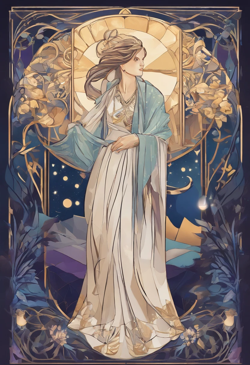 Design a poster featuring a central portrait of yourself in the style of Edvard Munch, blending Art Nouveau elements. The background should depict a serene and harmonious night scene, with a starry sky and a moon casting gentle light. Surround the portrait with intricate, golden Art Nouveau ornaments, inspired by the decorative patterns and motifs of the period. Incorporate subtle magical elements, such as ethereal wisps of light or fantastical creatures, to evoke the enchanting spirit of Art Nouveau. Use a color palette dominated by deep blues and purples for the night sky and rich gold for the ornaments. Ensure that the composition exudes a sense of elegance, mystery, and magic