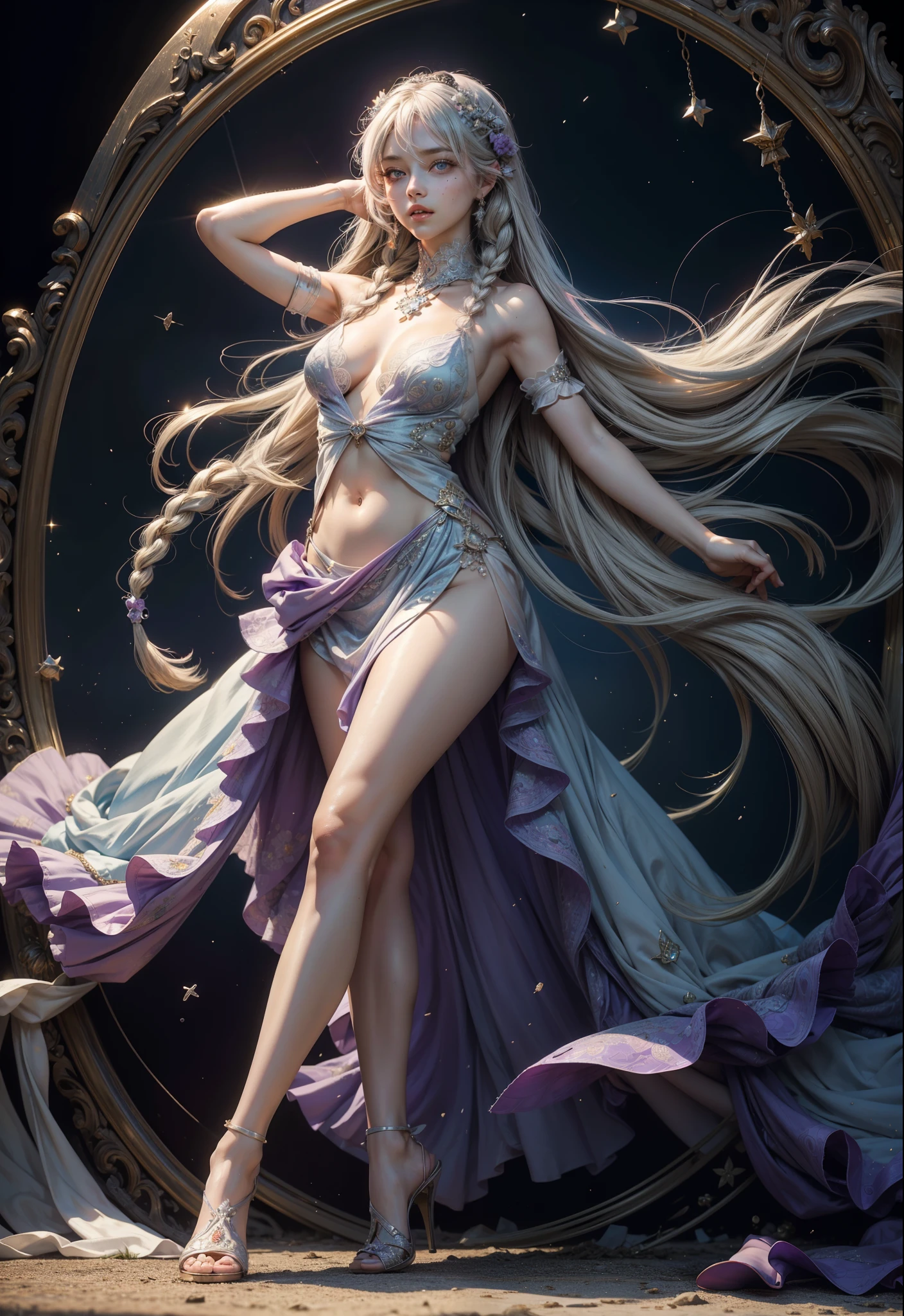 lavender violet color, shibuya, hatsuneMiku, (ultra Realistic), ( illustration), (High res), (8K), (highly detailed), (the best illustration), (Beautiful Detailed Eyes), (best Quality), (Super Detailed), (Master peace), (Wallpapers), (Detailed Face), solo, 1 girl, solo girl, disheveled aristocratic dress, White hair, Iris heterochromatic eyes, small moles under eye, medium chest, Long legs, Stunning composition, Foot braids, Beautiful and detailed legs, belly button expose, exposed cleavage, shining thighs, shining legs, showing a delicate slim figure and graceful curves,