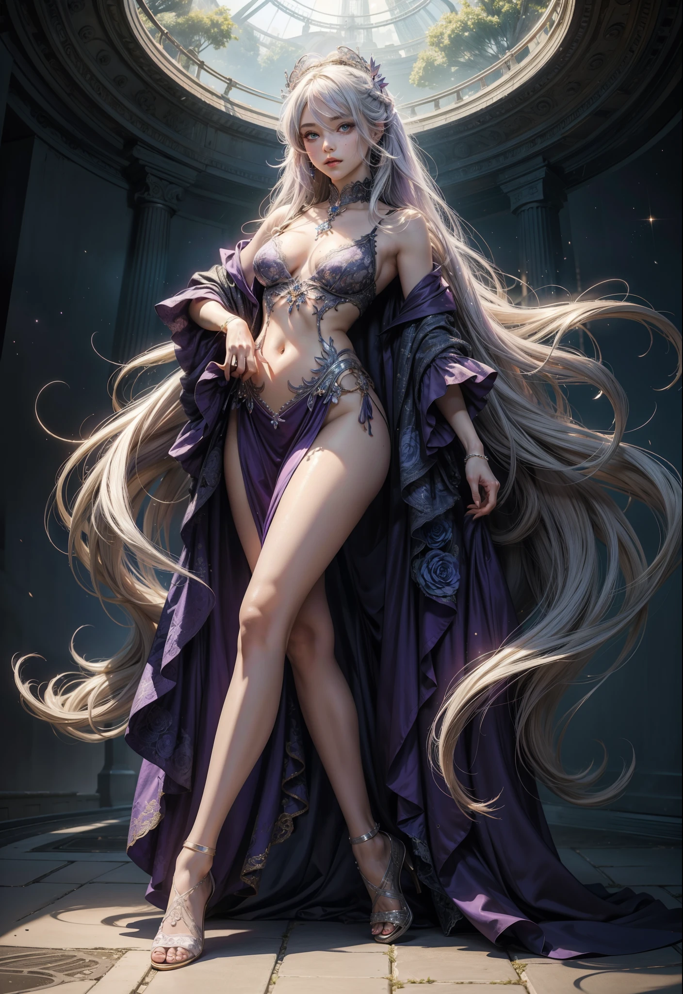 lavender violet color, shibuya, hatsuneMiku, (ultra Realistic), ( illustration), (High res), (8K), (highly detailed), (the best illustration), (Beautiful Detailed Eyes), (best Quality), (Super Detailed), (Master peace), (Wallpapers), (Detailed Face), solo, 1 girl, solo girl, disheveled aristocratic dress, White hair, Iris heterochromatic eyes, small moles under eye, medium chest, Long legs, Stunning composition, Foot braids, Beautiful and detailed legs, belly button expose, exposed cleavage, shining thighs, shining legs, showing a delicate slim figure and graceful curves,