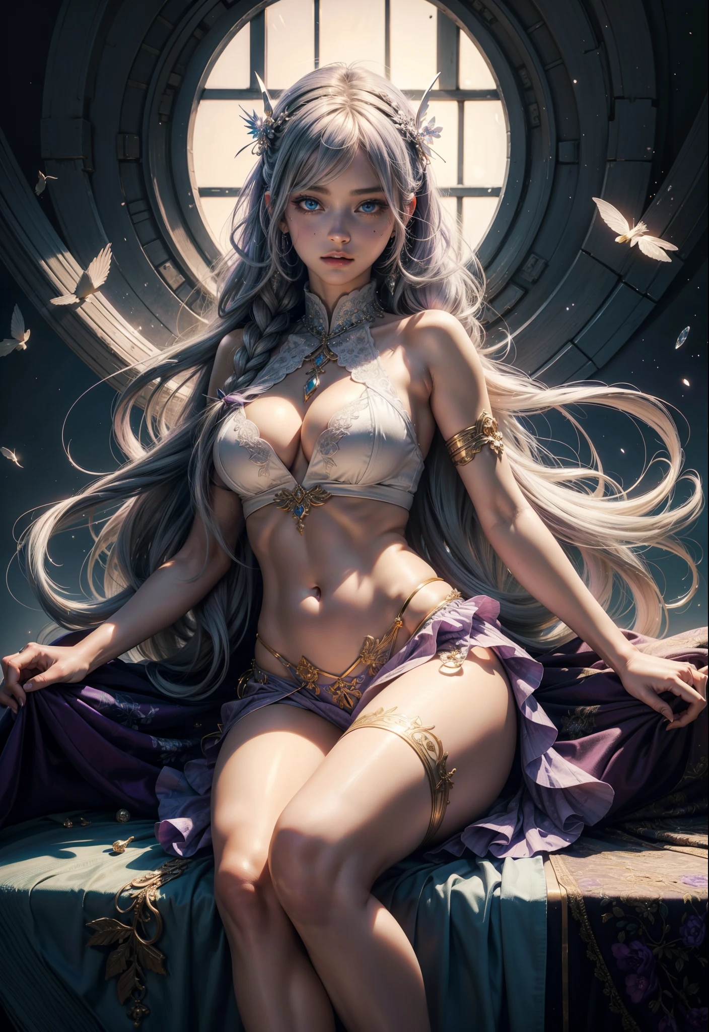 lavender violet color, shibuya, hatsuneMiku, (ultra Realistic), ( illustration), (High res), (8K), (highly detailed), (the best illustration), (Beautiful Detailed Eyes), (best Quality), (Super Detailed), (Master peace), (Wallpapers), (Detailed Face), solo, 1 girl, solo girl, disheveled aristocratic dress, White hair, Iris heterochromatic eyes, small moles under eye, medium chest, Long legs, Stunning composition, Foot braids, Beautiful and detailed legs, belly button expose, exposed cleavage, shining thighs, shining legs, showing a delicate slim figure and graceful curves,