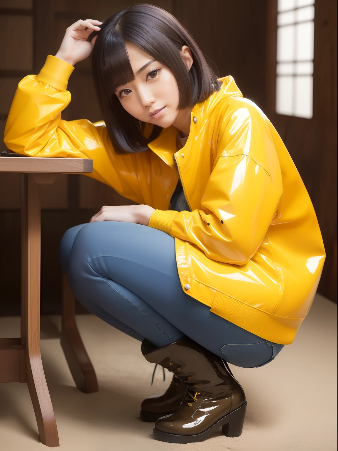 masutepiece,A hyper-realistic,32K,the Extremely Detailed CG Unity 8K Wallpapers, Best Quality,1 Beautiful Japan Woman,((Yellow Latex Jacket)),((Blue Latex Jeans)),(Latex boots),(Maitake growing on the head),Full body,traditional Japanese room,in woods, (Film grain:1.2), (Film Overlay:1.3), Night,Smile,Bob Cut Hair,