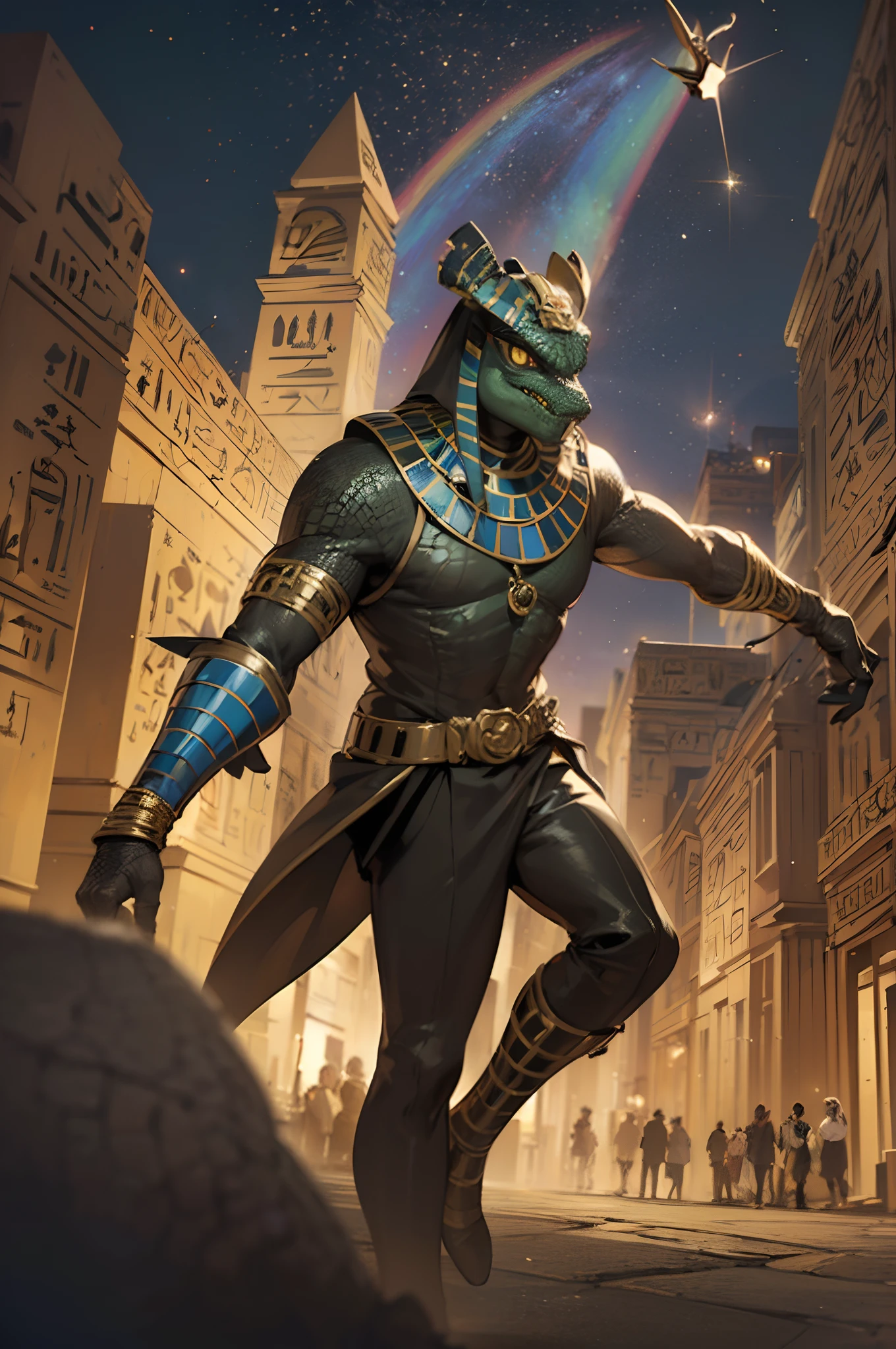 (Dynamic Angle:1.1), (Colorful:1.2), (Highly detailed CG Unity 16K wallpaper:1.1), (Denoising strength: 1.45), (tmasterpiece:1.37), ((Official art)), of the highest quality, (Realistic), Deformed Character, (Black Crocodile Headgear:1.2),(Egyptian god costume、male people:1.2),crocodile,Glowing eyes,(yellow eyes:1.2),((Poses in motion:1.1)),((Egyptian God Cosplay:1.3)),wires, (LED:1.3), (a hologram:1.2), Streets of Egypt, Neon light, Egyptian buildings, (Night:1.2), (Rainbow Model:1.2), 8K resolution, (Anime style:1.3), Cinematic lighting, chromatic abberation, spark of light, Ray tracing, blending, ultra wide-angle, Hasselblad, (masutepiece), (masutepiece), ((Best Quality)), ((masutepiece)), nffsw