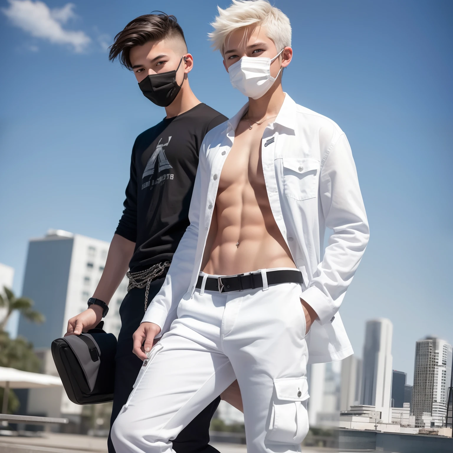 male, (((16yo dead inside, topless, white cargo pants, full body view, city, background blur, chromatic aberration, bokeh, skinny body, white hair, ultra realistic, HQ, 8k, square masculine face, plaid white shirt, mask, chainlet, white gloves, machine gun