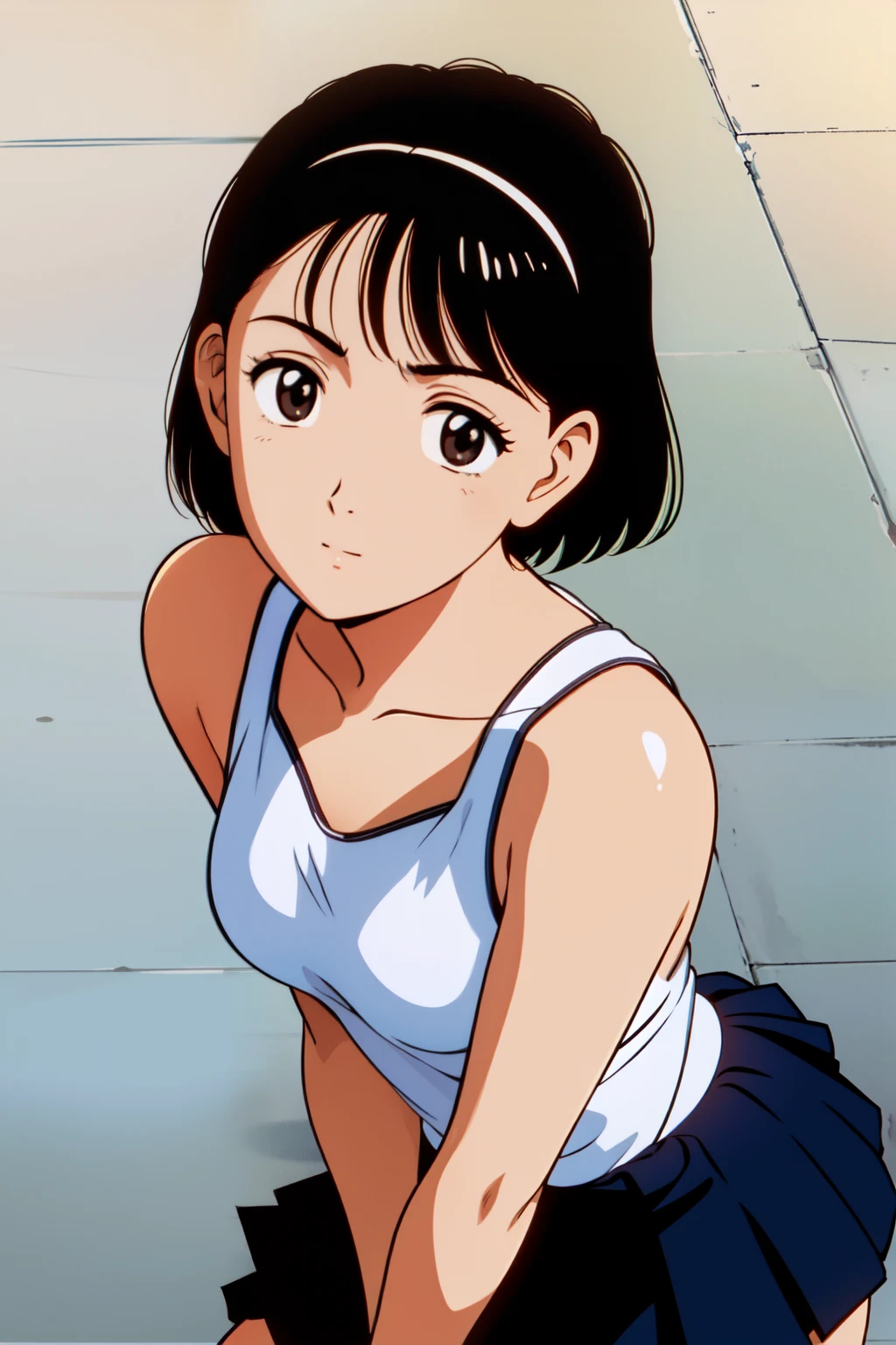 1girl, solo, solo focus, YAWARA \(YAWARA!\), ((Urasawa_Naoki style)), 18yo, short hair, black hair, black eyes, middle brests, one-side-up short-tail, (((camisole, miniskirt, Long knee high socks, absolute territory, sneakers))), standing, ((upper body, face close-up, Face focus, from front, front view, head on, looking at viewer)),