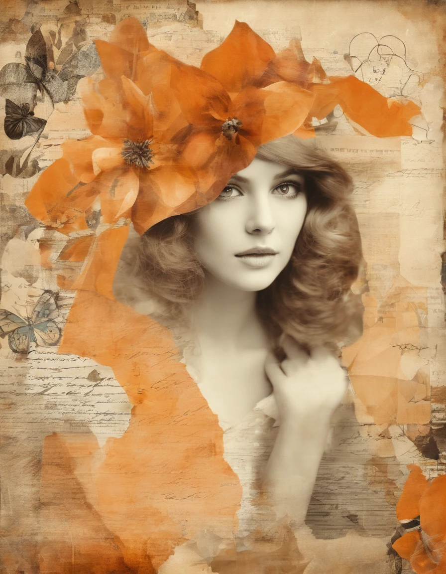 Beautiful girl, old photo, orange,   (highres, best quality:1.2), radiance, soft contours,