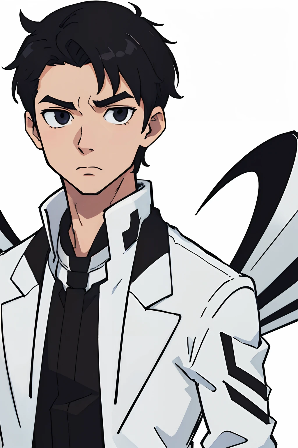 (best quality: 0.8), (best quality: 0.8), perfect anime illustration, extreme close-up portrait of a man, black eye, black hair, white overcoat, short hair, quiff, neutral background, full body , standing, full body