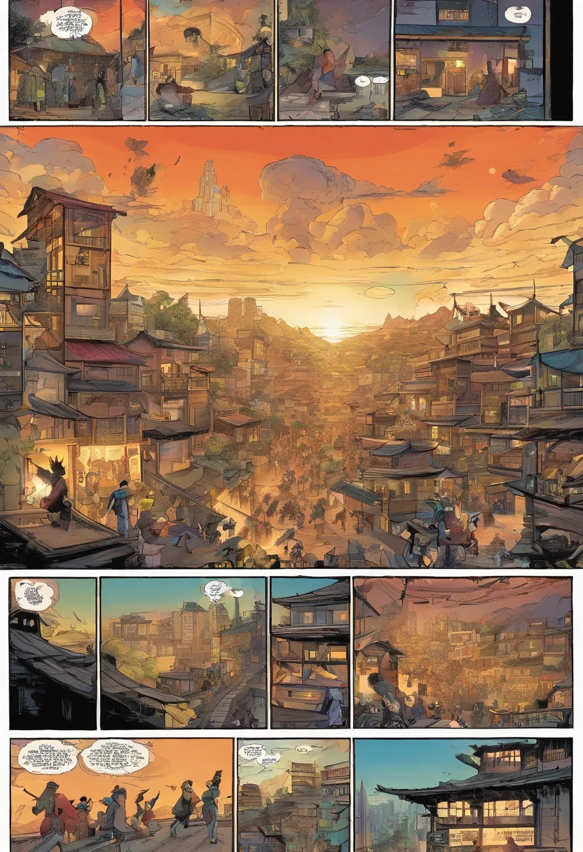 japanese comics, the comic story is presented in multiple irregular panels with color. Page 1:
Wide panoramic shot: War-torn cityscape, smoke billowing, Stalwarts advancing, Alana's Serenade front and center. The style is exaggerated and detailed