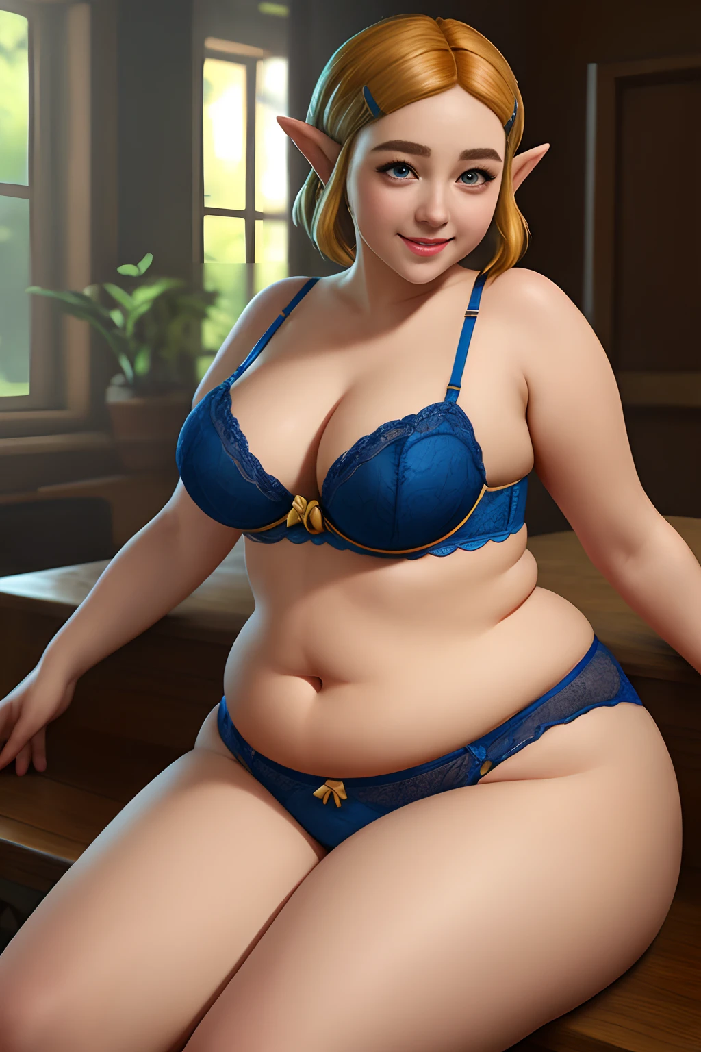 masterpiece, best quality, photorealistic, small smile, solo, (detailed eyes:0.9), Zelda, BotW, eating donut, cute beautiful face, cutie, young, chubby, sexy, soft, curvy, plump, fat rolls, chubby belly, belly rolls, love handles, muffin top, lingerie, blonde, short hair, thunder thighs