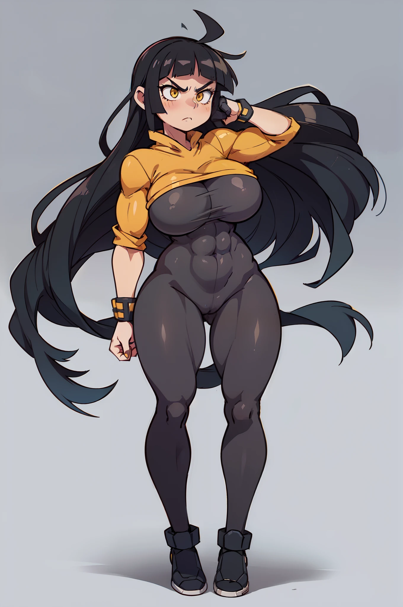 ((grey background)), solo, ((1 girl)), very long hair, black hair, angry, yellow eyes, (((muscular))), huge tits, thick thighs, wide hips, pale skin, standing, slick hair grey bodysuit full body