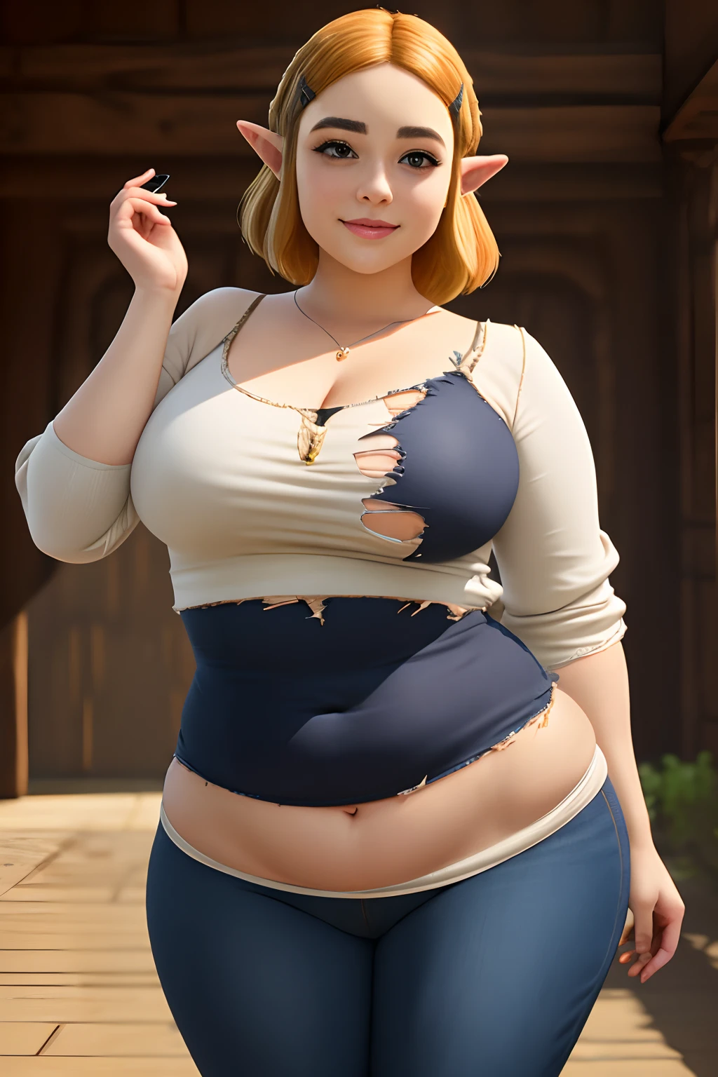 masterpiece, best quality, photorealistic, small smile, solo, (detailed eyes:0.9), Zelda, BotW, eating donut, cute beautiful face, cutie, young, chubby, sexy, soft, curvy, plump, fat rolls, tight clothes, torn clothes, chubby belly, belly rolls, love handles, muffin top, blonde, short hair, thunder thighs