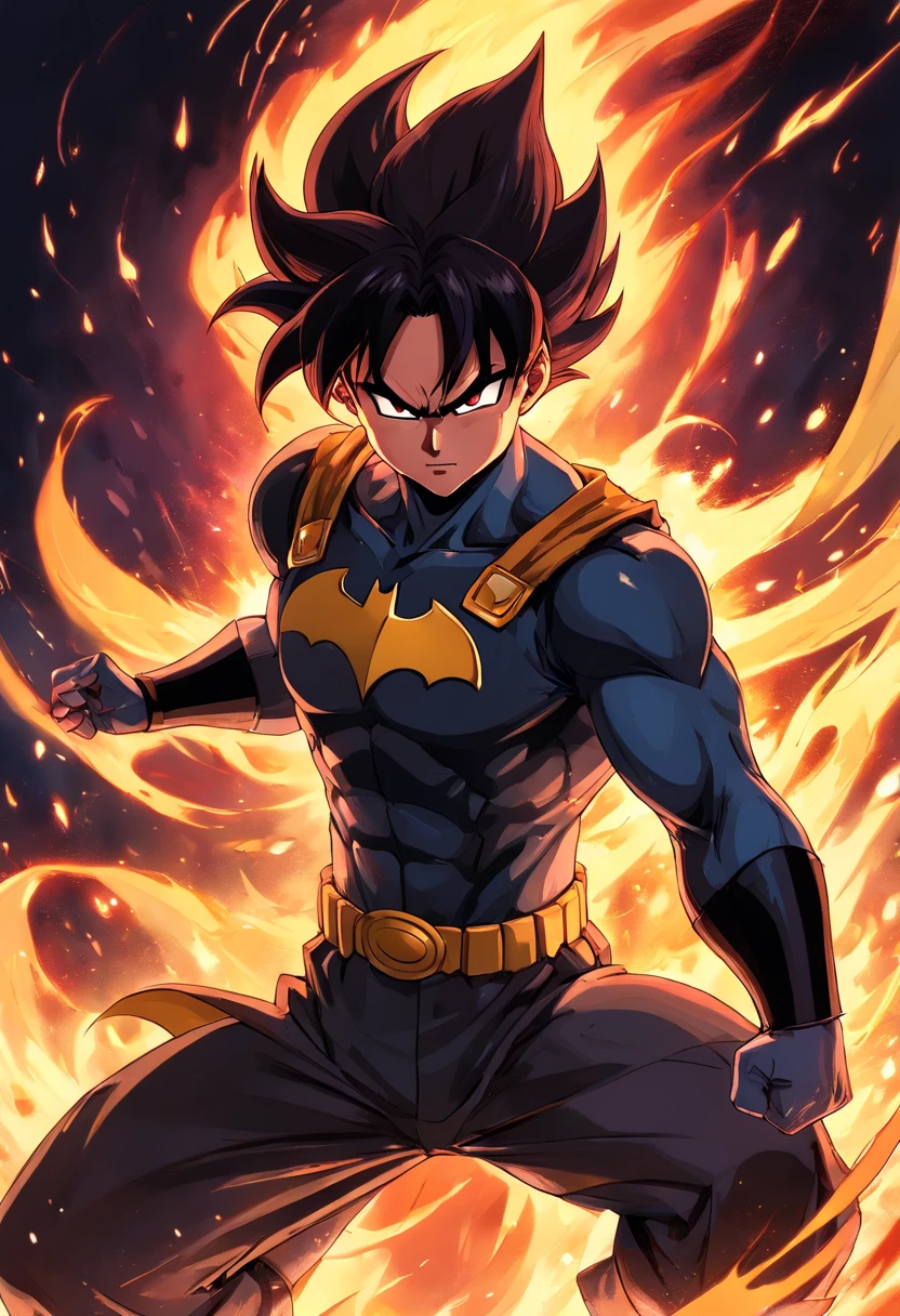 Muscular aesthetic anime manga goku muscular tattoos body neon tattoos red moon background aesthetic pose spike blqck hairs , of a samurai