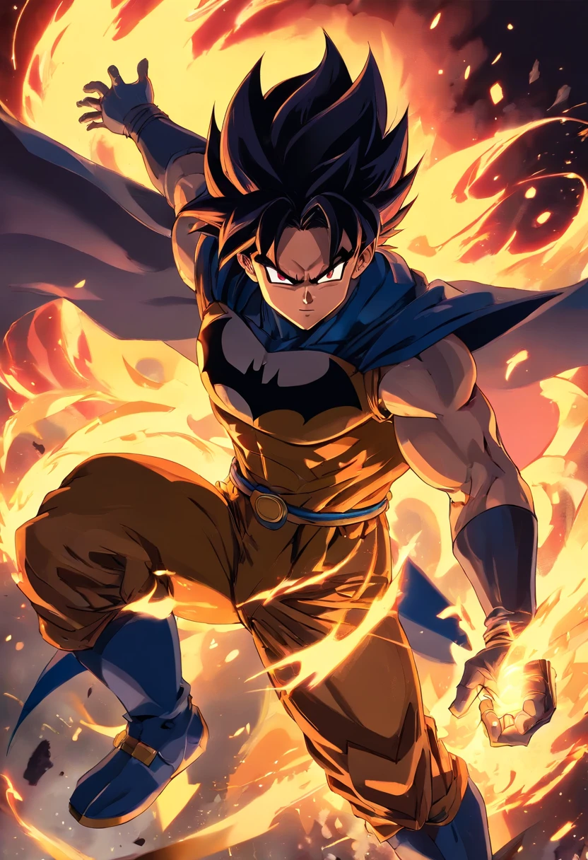 (a powerful saiyan:1.2), (detailed armor:1.1) of (Batman:1.1) (from The Dark Knight:1.1), (intense battle scene:1.1), (dynamic fighting pose), (flames and sparks flying:1.1), (magnificent energy aura), (explosive power:1.1), (vibrant colors:1.1), (ink and watercolor painting style:1.1), (dramatic lighting:1.1), (fiery red and black color scheme), (epic and intense atmosphere:1.1)
