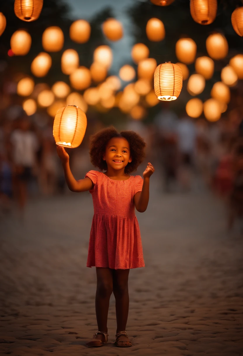 (Masterpiece) Create an ultrarealistic photography of a extremely cute and cheerful young Afro-American little girl holding glowing flying paper lanterns, unreal engine, 85 mm, intimate, flying lanterns festival, flying colorful lanterns, crowded, families, wonder, amazing, funny, cinematic, 8k, evening, back view, stock photo, success on Instagram.