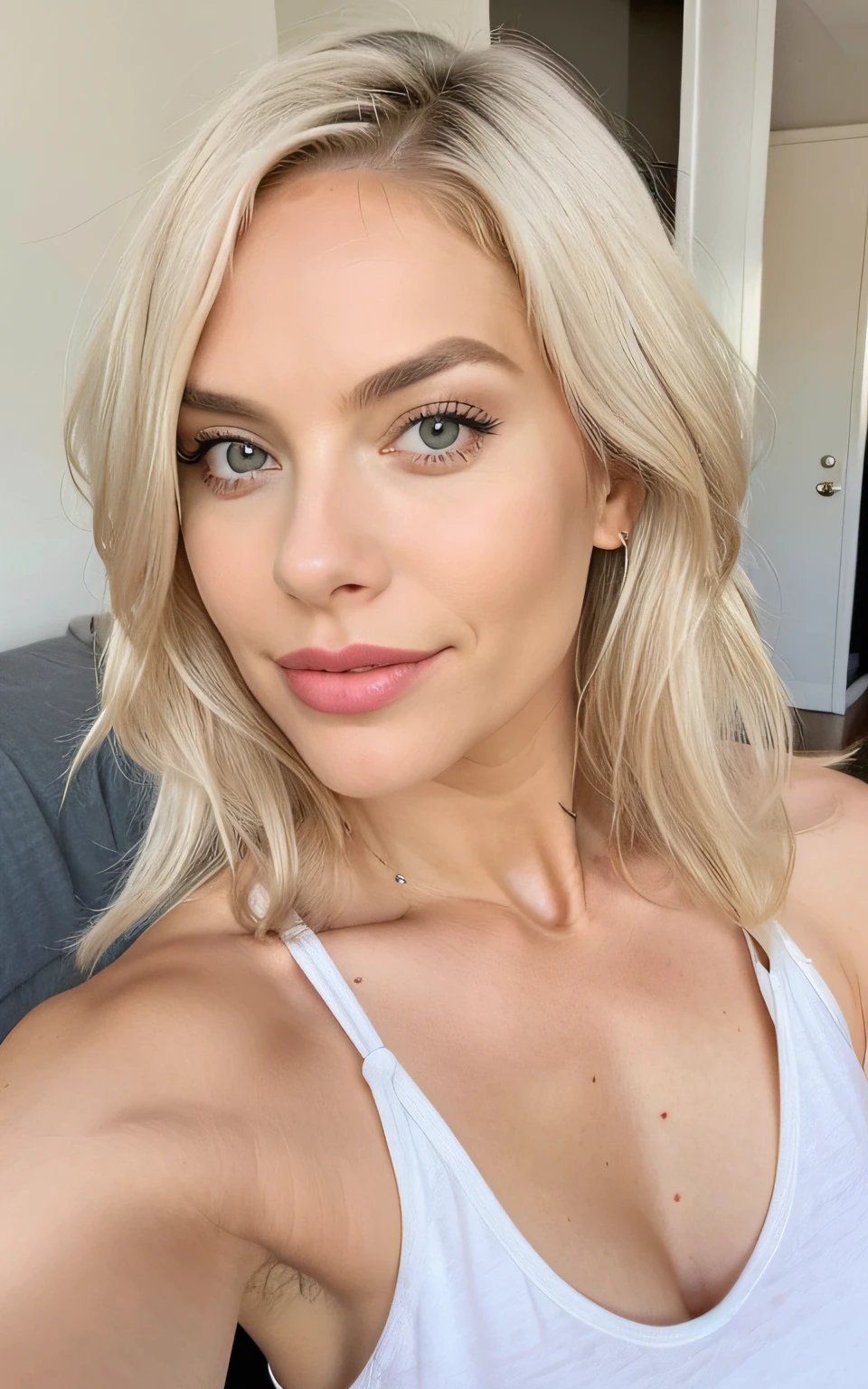 ultra detailed photo of a 25 years old beautiful woman,short straight blonde hair , thin pointy nose, ultra detailed face, beautiful big dark and light green eyes ,big eyelashes, no makeup, nude, suntan, slender, having sex alone with a dildo