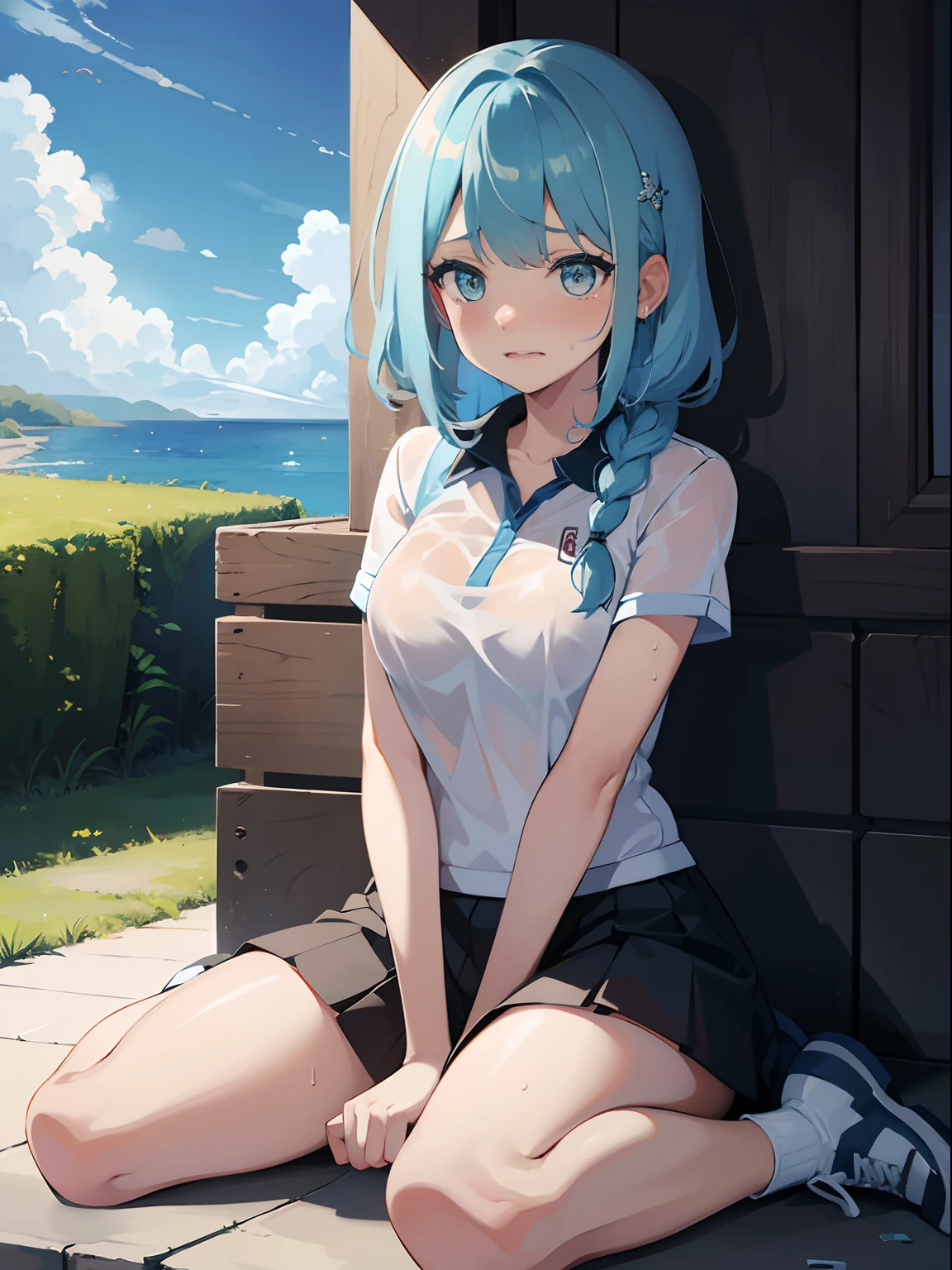 hight resolution,Best Quality, Official art, masutepiece, textile shading,8K,absurdity
Pretty girl,Medium Hair,Light blue hair, Asymmetrical hair , Single braid ,Side braid,medium breasts,Shy,embarrassed,makeup, Scenery,Hair Ornament,wariza, dripping ,Tennis Wear,Sweat:1.5, Wet face, Wet skin, Wet clothes,low angles