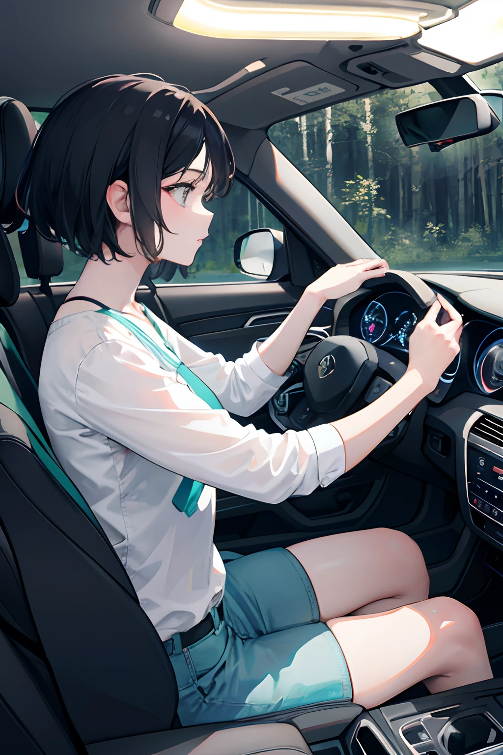 A woman sitting in the seat with her hands on the steering wheel, vemos ela de perfil, as if the camera were in the passenger seat, She's driving in a forest at night