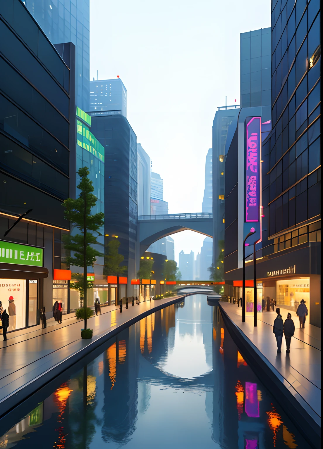 masutepiece, Best Quality, (The Technology City of the Future: 1.1), Fantastic sense of light, River, Dense city, skyscraper, High resolution, hyper quality, detaileds.Bird's-eye view, The complex has a pedestrian street and exquisite shops, Modern architectural facades create an elegant and sophisticated environment. In the atmosphere of dawn at the gorgeous City Light Show,By using a three-dimensional corridor and a glass curtain wall tower、The overall futuristic atmosphere of the scene is enhanced, Realistic lighting and three-dimensional greenery create a sense of depth and vitality.. Street planting is exquisitely detailed, Add natural beauty to urban spaces. Render in high resolution using 3D rendering software, The image is a breathtaking urban design, strong contrast between light and shadow, Extreme material details, 4K, 8K, High quality, Forming curves, Curved buildings, Strong, Reflection of sparkling glass, (sound:1.1), (Zaha:1.2), Interior construction lights crossing the shadows,  Clear building structure