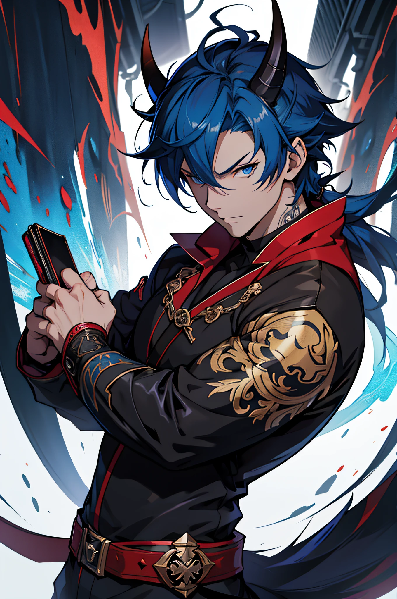 Anime - Stilbild eines Mannes mit blauen Augen und schwarzem Mantel, Handsome guy in demon killer art, Detaillierte digitale Anime-Kunst, Keqing von Genshin Impact, Badass Anime 8 K, Granblue Fantasy, anime art wallpaper 4k, von Yang J, anime art wallpaper 4 k, Dämonentöter-Artstyle, anime art wallpaper 8 k, Demon Slayer Rui Fanart