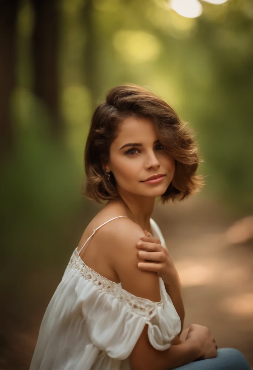 Beautiful girl, (((((pequeno)))), mostrando o rosto, Salient language, short hair, marrom, 8k, fotografia profissional, delicado, claro, na floresta, sol, vazamento de luz, master part, (Beautiful)))), (realidade)))), sorrir, Fantastic, anjo, jovem