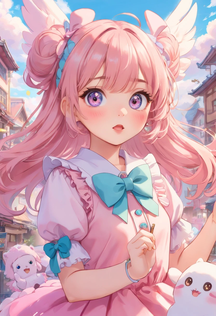 (best quality,4k,8k,highres,masterpiece:1.2),ultra-detailed,(realistic,photorealistic,photo-realistic:1.37),kyary pamyu pamyu as an anime girl,anime,beautiful detailed eyes,beautiful detailed lips,extremely detailed eyes and face,sharp focus,vivid colors,colorful hair,doll-like appearance,cute but edgy,cute bows and ribbons,kawaii outfit with frills,pastel colors,puffy sleeves and skirt,sparkling accessories,glitter and shimmer effects,angelic wings,large eyes with colorful irises and long eyelashes,adorable expression,small nose with a cute button shape,flawless skin with a soft glow,pink blush on cheeks,playful pose with a peace sign gesture,background with whimsical clouds and floating sweets,unique and eye-catching character design,fun and energetic atmosphere,complementary color scheme,soft and dreamy lighting,Manga-inspired style,anime-inspired shading,stylish and fashionable,positive and vibrant personality,strong emphasis on facial features and expressions,artistic interpretation,creative and imaginative representation.