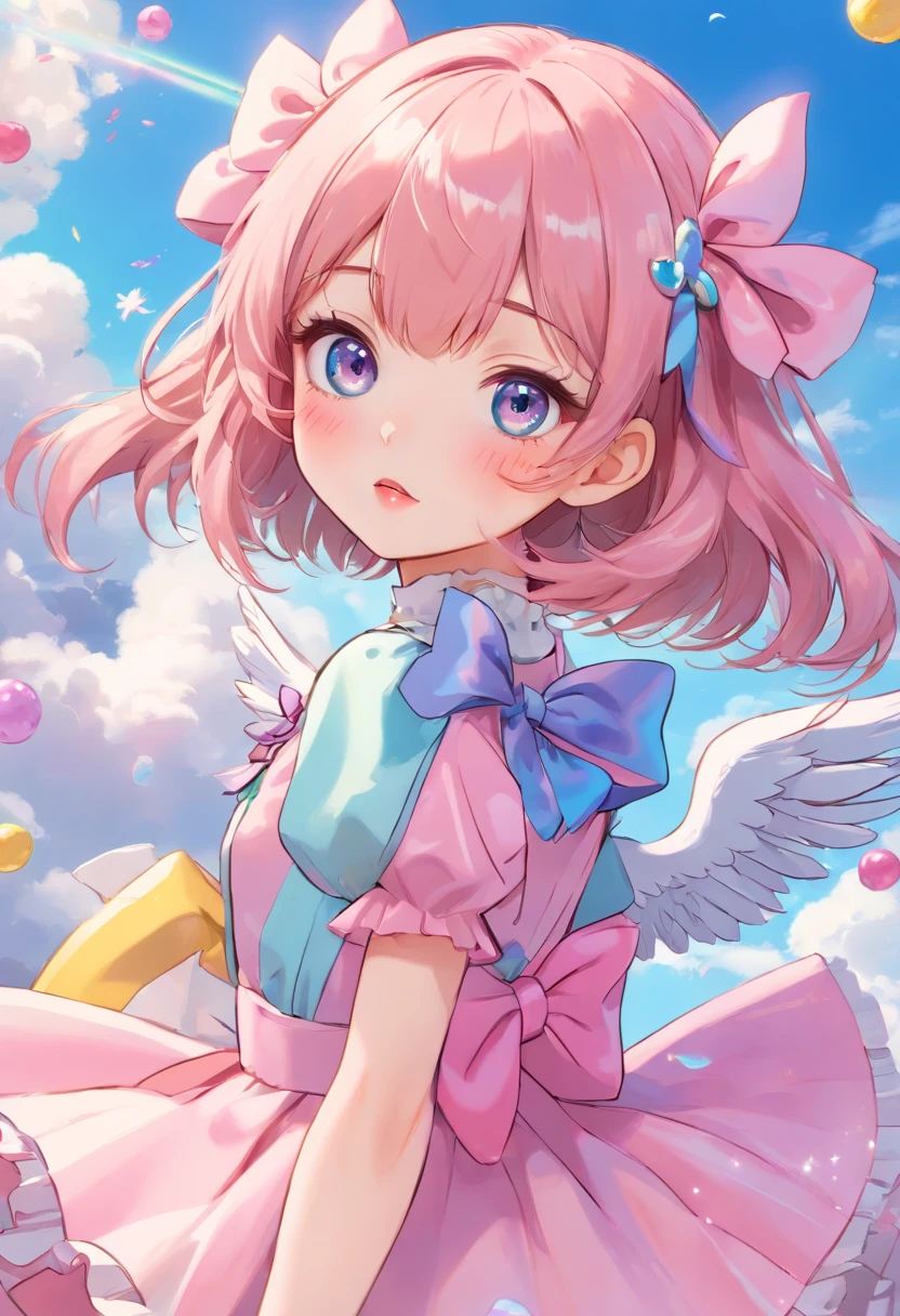 (best quality,4k,8k,highres,masterpiece:1.2),ultra-detailed,(realistic,photorealistic,photo-realistic:1.37),kyary pamyu pamyu as an anime girl,anime,beautiful detailed eyes,beautiful detailed lips,extremely detailed eyes and face,sharp focus,vivid colors,colorful hair,doll-like appearance,cute but edgy,cute bows and ribbons,kawaii outfit with frills,pastel colors,puffy sleeves and skirt,sparkling accessories,glitter and shimmer effects,angelic wings,large eyes with colorful irises and long eyelashes,adorable expression,small nose with a cute button shape,flawless skin with a soft glow,pink blush on cheeks,playful pose with a peace sign gesture,background with whimsical clouds and floating sweets,unique and eye-catching character design,fun and energetic atmosphere,complementary color scheme,soft and dreamy lighting,Manga-inspired style,anime-inspired shading,stylish and fashionable,positive and vibrant personality,strong emphasis on facial features and expressions,artistic interpretation,creative and imaginative representation.