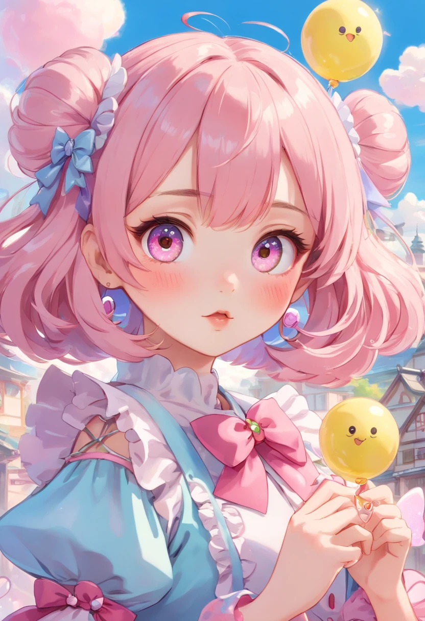 (best quality,4k,8k,highres,masterpiece:1.2),ultra-detailed,(realistic,photorealistic,photo-realistic:1.37),kyary pamyu pamyu as an anime girl,anime,beautiful detailed eyes,beautiful detailed lips,extremely detailed eyes and face,sharp focus,vivid colors,colorful hair,doll-like appearance,cute but edgy,cute bows and ribbons,kawaii outfit with frills,pastel colors,puffy sleeves and skirt,sparkling accessories,glitter and shimmer effects,angelic wings,large eyes with colorful irises and long eyelashes,adorable expression,small nose with a cute button shape,flawless skin with a soft glow,pink blush on cheeks,playful pose with a peace sign gesture,background with whimsical clouds and floating sweets,unique and eye-catching character design,fun and energetic atmosphere,complementary color scheme,soft and dreamy lighting,Manga-inspired style,anime-inspired shading,stylish and fashionable,positive and vibrant personality,strong emphasis on facial features and expressions,artistic interpretation,creative and imaginative representation.