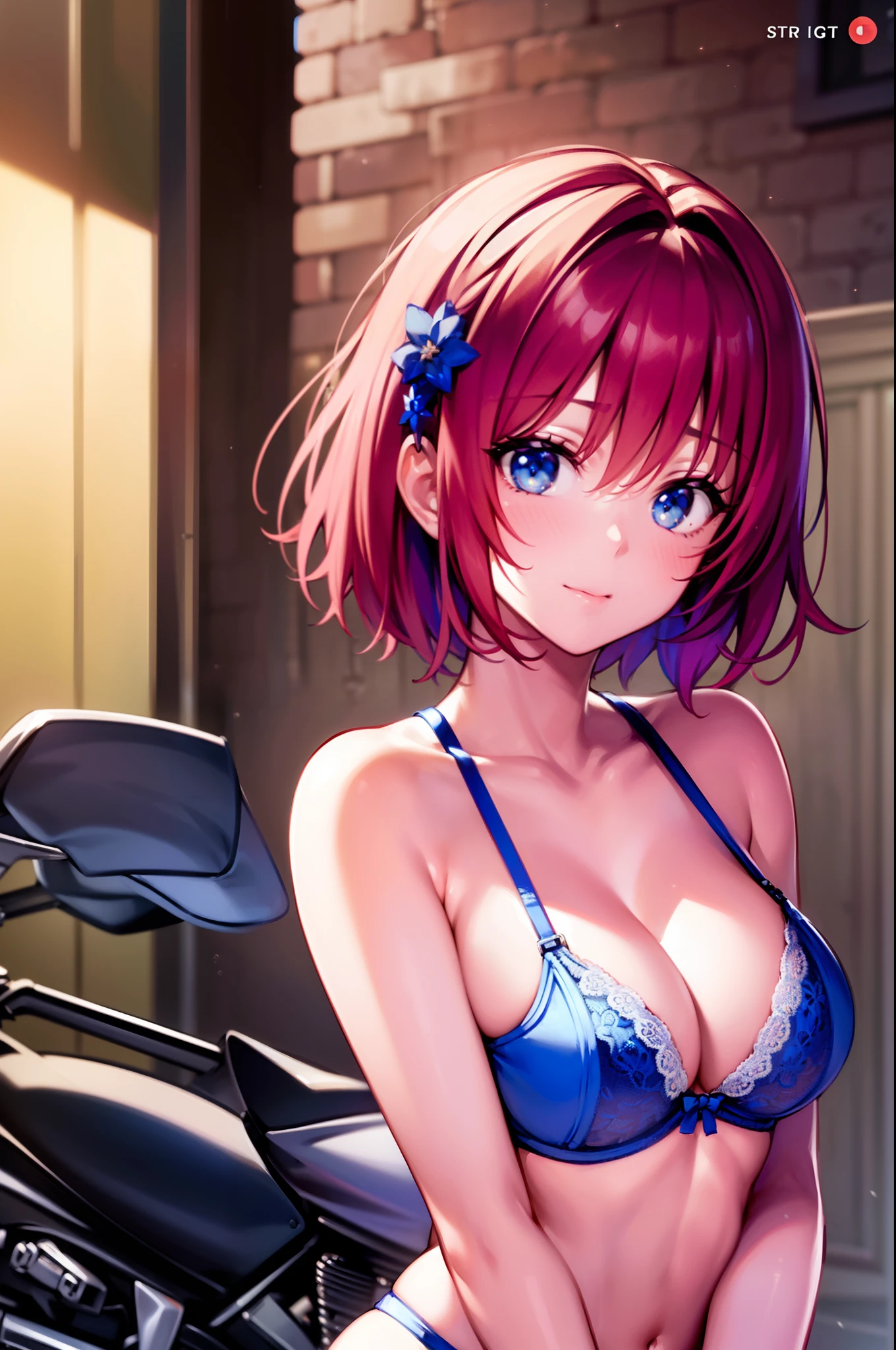 (((Blue bra))), ((Underwear)), ((Straddling a motorcycle)), hair adornments, Red hair, bobhair, The highest image quality, hightquality, high detailing, 超A high resolution, 8K, depth of fields, Cinematography, intricate detailes, Elaborate, meticulous, Magnificent, Maximum Detail, Extreme beauty