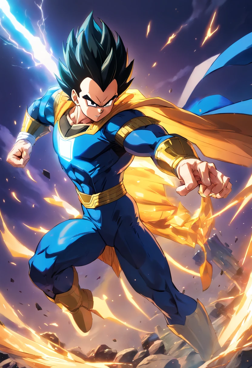 Vegeta wearing Batman's suit, Dragon Ball, Male, (best quality,4k,8k,highres,masterpiece:1.2),ultra-detailed, (realistic,photorealistic,photo-realistic:1.37), vibrant colors, dynamic lighting, intense fight scene, powerful energy aura, striking pose, serious expression, detailed muscles, sleek and shiny armor, dramatic background, epic battle, heroic stance, sharp focus, comic book style, iconic superhero crossover, reference to both Dragon Ball and Batman, captivating composition, intense action, intense eyes, flowing cape, high-tech gadgets, cool and confident demeanor.