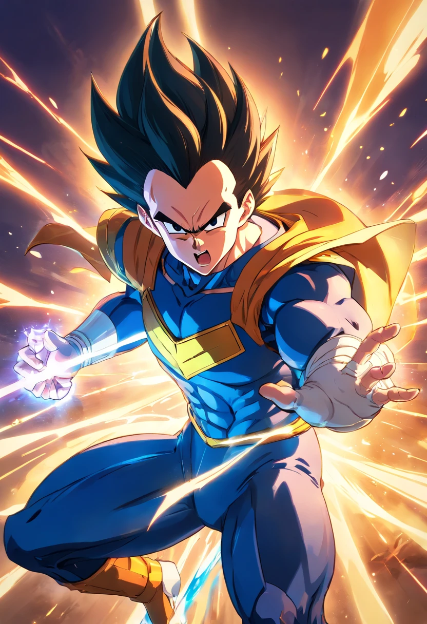 Vegeta wearing Batman's suit, Dragon Ball, Male, (best quality,4k,8k,highres,masterpiece:1.2),ultra-detailed, (realistic,photorealistic,photo-realistic:1.37), vibrant colors, dynamic lighting, intense fight scene, powerful energy aura, striking pose, serious expression, detailed muscles, sleek and shiny armor, dramatic background, epic battle, heroic stance, sharp focus, comic book style, iconic superhero crossover, reference to both Dragon Ball and Batman, captivating composition, intense action, intense eyes, flowing cape, high-tech gadgets, cool and confident demeanor.
