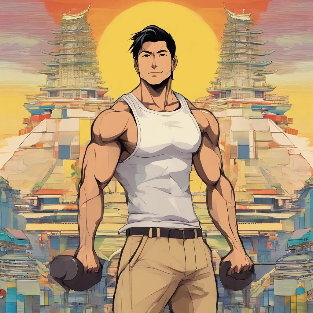 an attractive 40-year-old Filipino, boasting a strong jawline, chiseled features, and tan skin. He has short black hair and a shaved beard. He wears a watch, necktie, belt, tight shirt, and tight slacks. He stands at an imposing 6 feet and 7 inches tall. He has a thick neck, wide shoulders, meaty pecs, a 6 pack, burly biceps, and so on.
