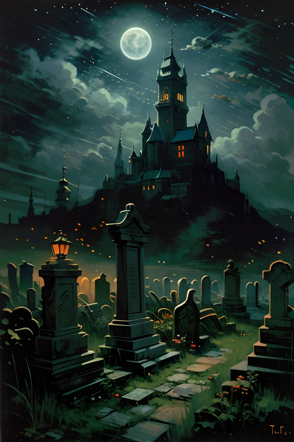 oil painting landscape, cinematic lighting, dramatic lighting, dark foggy night, necromancer's castle, necropolis, graveyard, graves, crescent moon and clouds