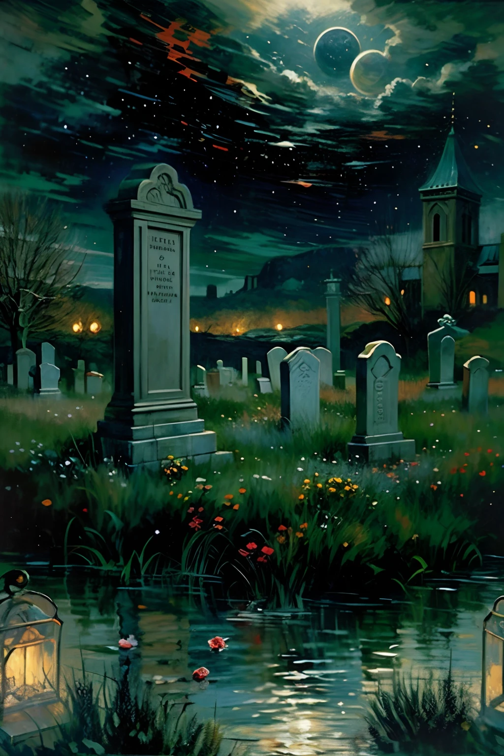 oil painting landscape, cinematic lighting, dramatic lighting, dark foggy night, necromancer's castle, necropolis, graveyard, graves, crescent moon and clouds