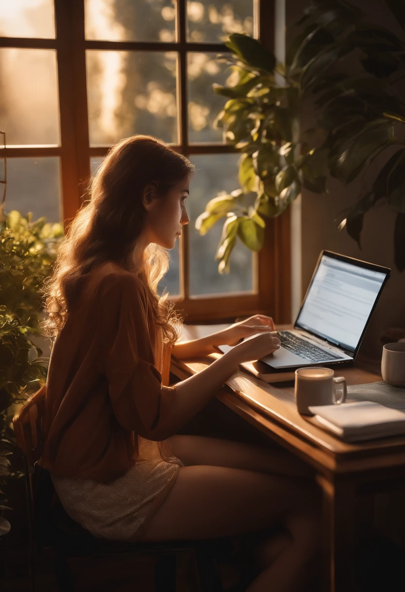Give me 4 examples of anime-style image with a young woman studying at the computer at a table with a cup of coffee in front of a window, interior do quarto em casa, Fundo do anime, cinematic night light, ray tracing, papel de parede interior altamente detalhado, Classic light,