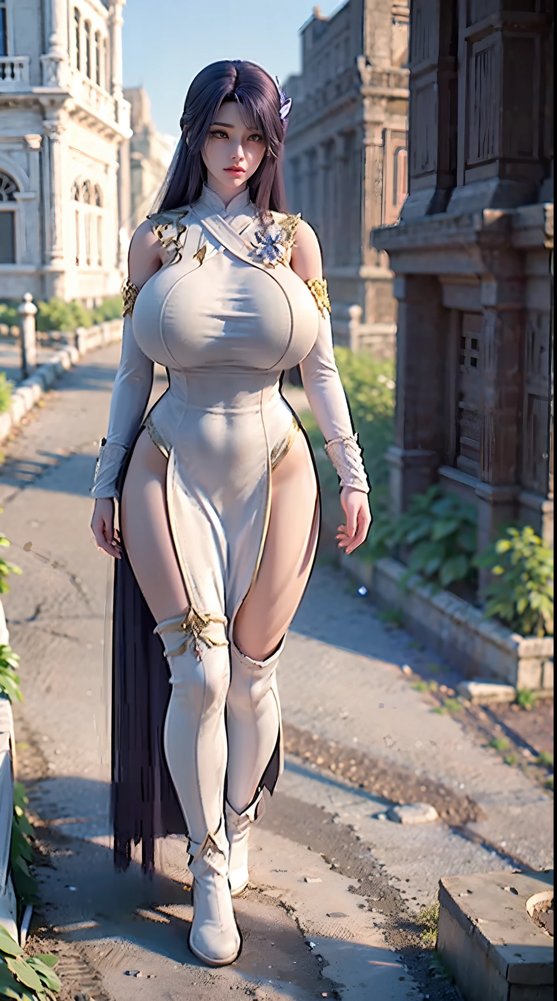 physically-based rendering, (1girl:1), Female, (huge fake breasts:1.1), street, sexy muscular body, muscle abs, slim waist, big buttocks, (Full body:1.3), walking, wearing dress.