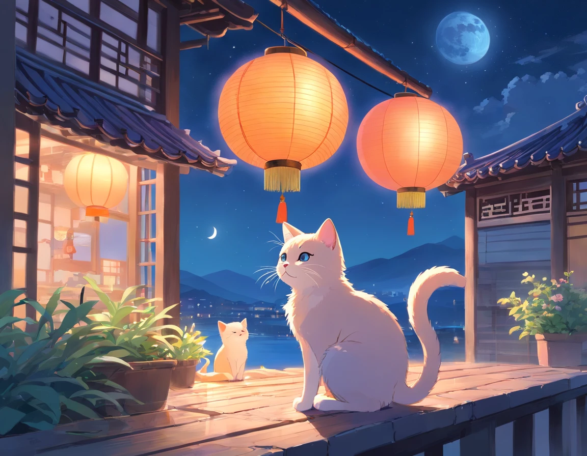 (color pastel:1.3)、(illustration cute:1.3)、(Paiting de acuarela:1.1),（Un gato：1.4）, Apoyado contra la ventana, Mira hacia la luna, La Luna；1.2，（（Dulce Osmanthus，Linterna Kongming，Menisco，Pastel de luna：1.3）），Mid-Autumn Festival Atmosphere：1.3，（Kanji chino：1.3），Traditional Chinese illustration style, Arte digital, Fondo simple, Obra maestra sobre fondo blanco, La mejor calidad, Ultra detallado, alta calidad, 4k