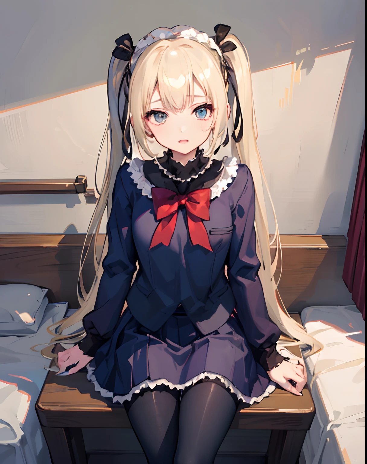 1girl in、独奏、Marie Rose、cowboy  shot、embarassed expression、Bedroom、((School Uniforms))、((pleatedskirt))、((pantyhose))、Sit up