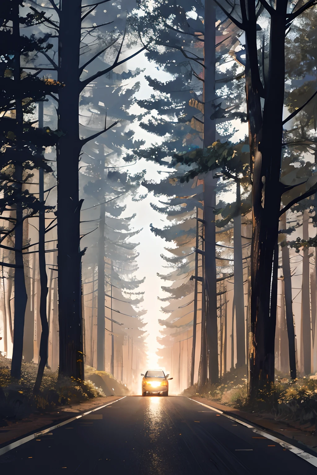 A car seen from afar at night on a forest road