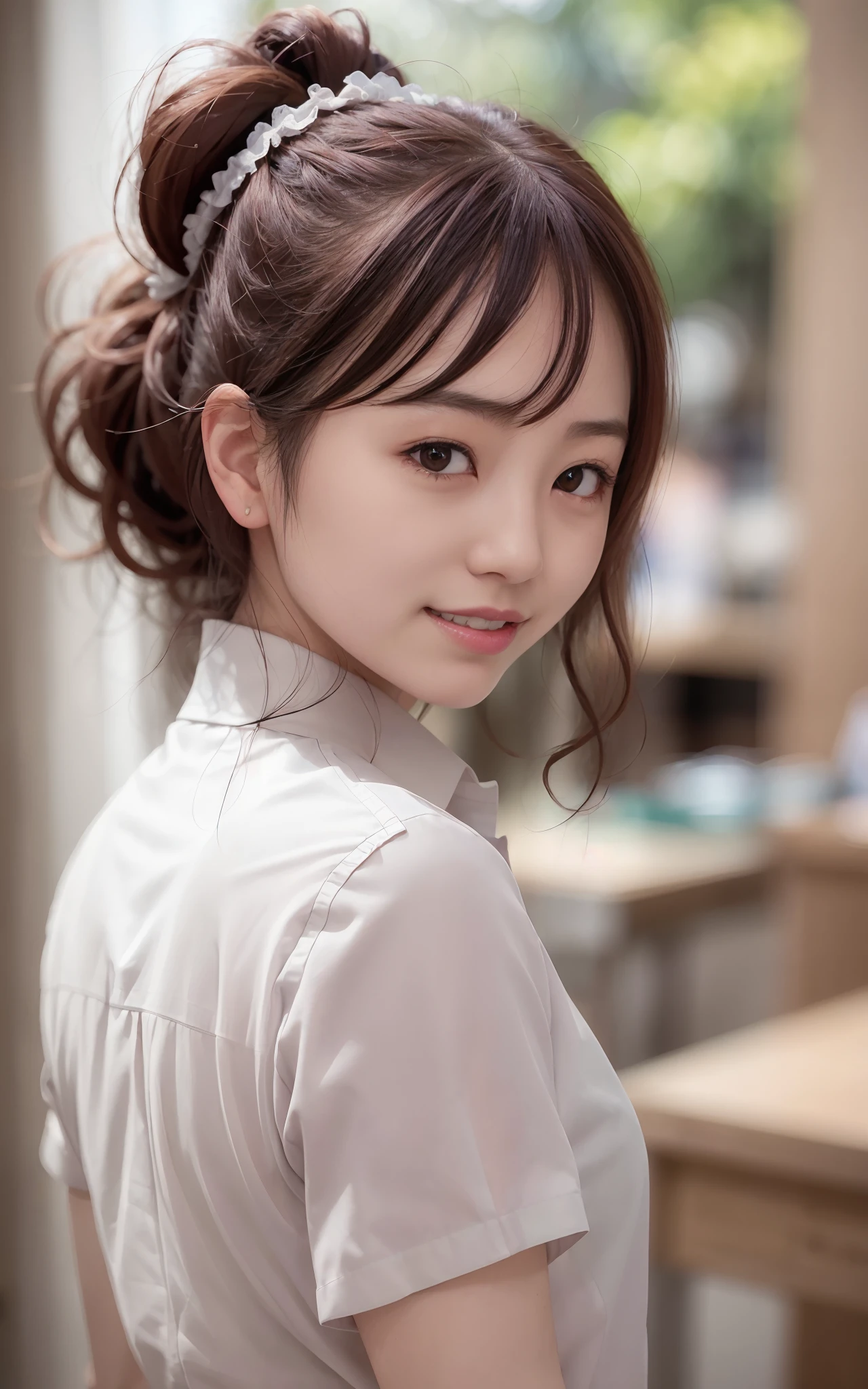 photo from behind, japanese girl, (close up the nape of the neck :1.0), ( white collared shirt:1.3),adorable, standing , office, hair Scrunchie, , (high saturation:1.0), (extremely detailed skin), (best quality:1.0), (ultra highres:1.0) ,(photo realistic:1.0), (ultra detailed:1.0), (8k, RAW photo:1.1),(see-through:1.2),(smile)